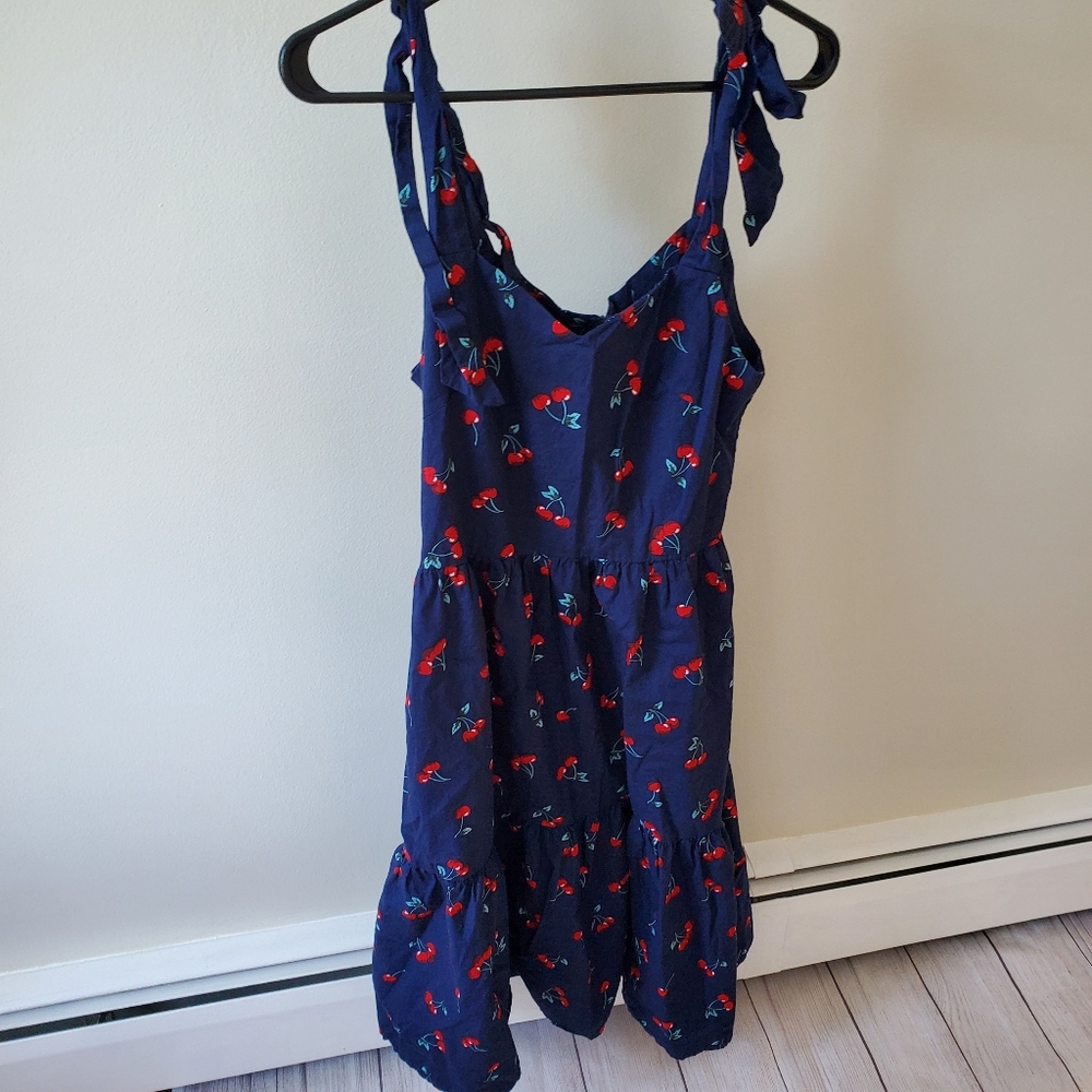 Popreal rockabilly 50s style sleeveless cherry print and navy dress. Size medium